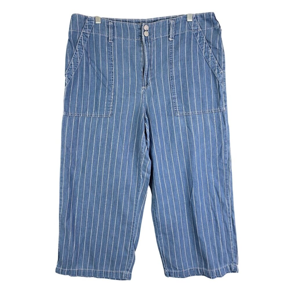 Womens Seven7 Blue & White Striped Capri Pants Wide Leg Cotton & Tencel Size14